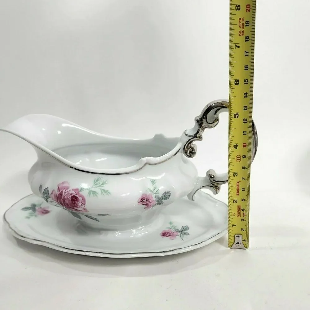 Home‎ Arts ENCHANTED ROSE Pink Gravy Boat with Attached Underplate Germany